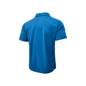 Back view of a blue moisture-wicking golf Polo shirt with breathable mesh fabric