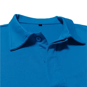 Close-up of bright blue men's polo shirt collar with textured quick-dry fabric.