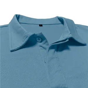 Close-up of a blue polo shirt collar with a size XL tag