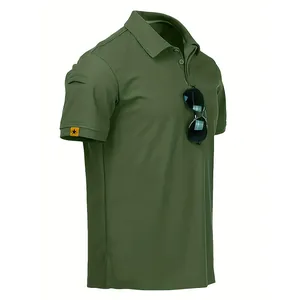 Side view detail of a men's quick-dry olive green polo shirt with small sleeve tag logo