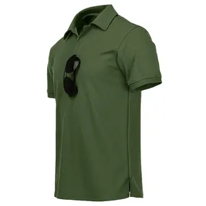 Side view of olive green polo shirt with sunglasses hanging from the placket