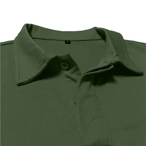 Close-up detail of olive green quick-dry polo shirt collar and piqué fabric texture