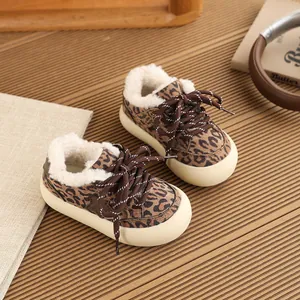 Kids leopard print plush sneakers with star detail and thick warm soles for autumn winter
