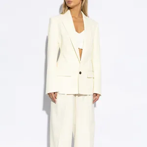Professional women's cream blazer suit set featuring a single high-end resin button detail