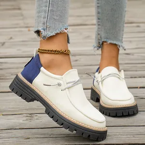 Dames Retro Platform Loafers Casual Kleurblokkering Canvas Stiksels Ronde Neus Werkschoenen Britse Stijl Slip-on Comfort Flats