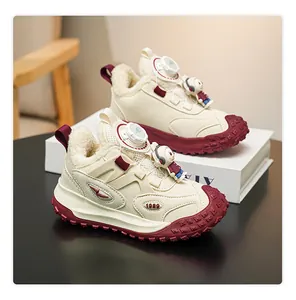 Cream and burgundy kids winter sneakers with warm fleece lining and cartoon charm.