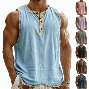 Men's Henley sleeveless tank top with contrast trim for fitness and casual wear