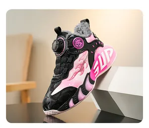 High-quality pink and black children's sports shoes with rotary buckle and warm fur lining