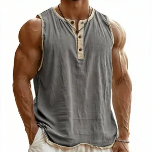 Detail of men's Henley tank top with contrasting trim and breathable texture