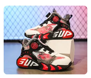 Detailed view of boys' winter basketball shoes with warm faux fur lining and rotary buckle