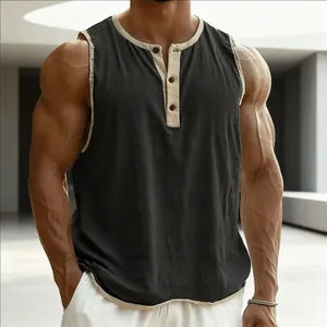 Close-up of men's Henley tank top featuring contrast trim and textured fabric detail