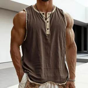 Detailed view of men's Henley sleeveless tank top with contrast trim and textured fabric