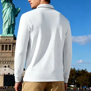 Back view of men's white long-sleeve polo shirt with breathable jacquard texture