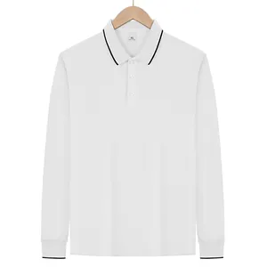 Detailed view of white long-sleeve jacquard polo shirt with black tipping on collar