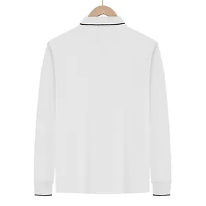 Detailed back view of a men's white long sleeve polo shirt with black trim on collar