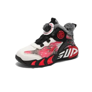 Lightweight kids high-top basketball shoes featuring leather surface and cozy faux fur lining