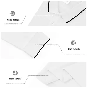 Close-up detail shots of white men's polo shirt highlighting neck, cuff, and hem design