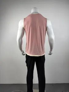 Rear view detail of men's sleeveless fitness tank top featuring cream contrast piping