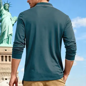 Back view of a men's long-sleeve polo shirt with white tipped collar and cuffs.