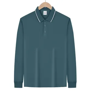 Front view detail of a men's long sleeve teal polo shirt featuring white collar trim