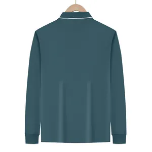 Back view of men's long-sleeve teal polo shirt with breathable jacquard texture