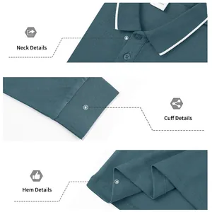 Detailed views of the neck, cuffs, and hem of a breathable jacquard long sleeve polo shirt.
