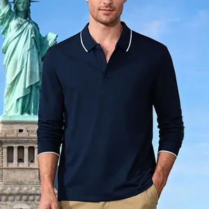 Classic navy blue long-sleeved polo shirt for men with white trim collar details