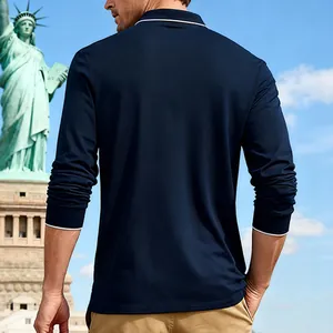 Back view of a navy blue long-sleeved polo shirt for men featuring breathable fabric design.