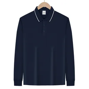 Classic navy blue long-sleeved polo shirt featuring jacquard texture and white collar piping