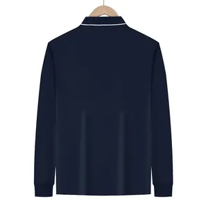 Detail view showing the back design of a navy blue long sleeve quick-dry polo shirt