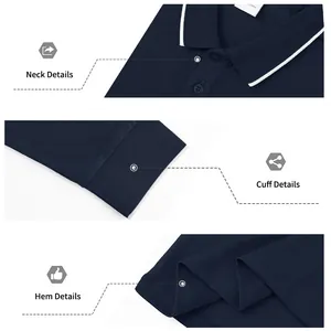 Close-up details of navy blue long sleeve polo shirt showing collar, cuff, and hem
