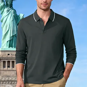 Men's long-sleeve grey polo shirt with white tipped collar for golf or casual wear