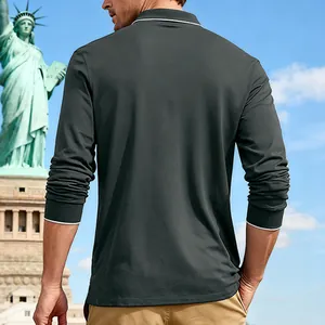 Back view of men's quick-dry long sleeve polo shirt with white piping detail