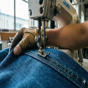 Gros plan montrant en détail les coutures exquises et l'artisanat des jeans en denim bleu
