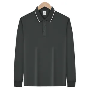 Front view of dark grey men's long-sleeve polo shirt featuring white collar trim
