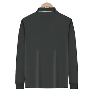 Detailed back view of men's loose dark grey long-sleeve polo shirt in breathable fabric.
