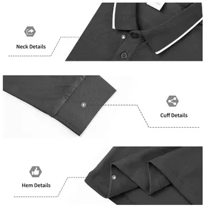 Detail view of the collar, ribbed cuff, and hem of a grey golf polo shirt
