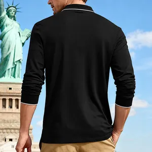 Rear view of men's black long sleeve breathable polo shirt with white tipping details