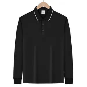 Front view of black long-sleeve polo shirt with white tipping on collar and cuffs