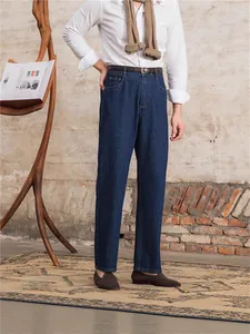 Men's classic dark blue straight-leg stretch denim jeans for stylish summer casual wear