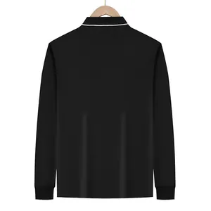 Detailed back view of a breathable black men's long-sleeve polo shirt for golf activities