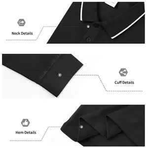 Detailed view of black jacquard polo shirt neck, ribbed cuff, and hem finishing
