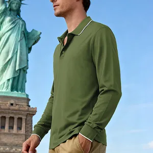 Side view of man in olive green long-sleeve polo shirt with white tipping details.