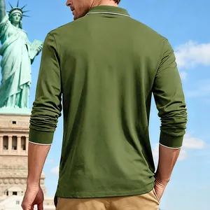Detailed back view of men's casual olive green long-sleeve polo shirt with piping
