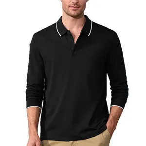 Men's black long-sleeve polo shirt with white tipped collar for golf and casual wear
