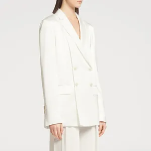 Premium white satin double-breasted blazer featuring sustainable tagua nut buttons