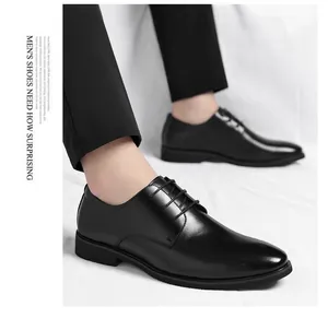Detailed side view of men's classic black business formal leather dress shoes