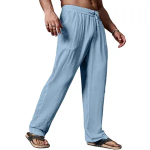 Men Summer Breathable Cotton Linen Casual Pants Loose Straight Leg Drawstring Elastic Waist Bottoms For Fashion Urban Teens