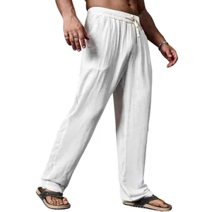 Men's breathable linen cotton straight leg pants in white for summer casual wear