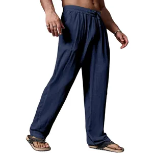 Premium men's breathable cotton linen loose casual straight-leg trousers in navy blue